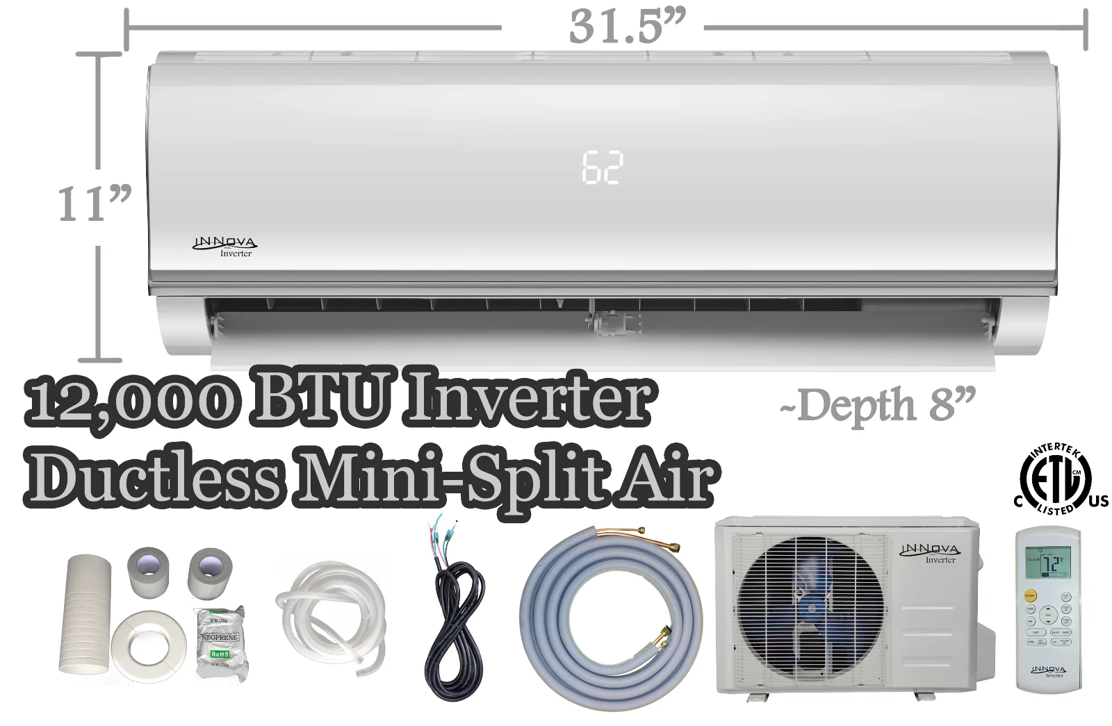 12,000 BTU Innova Ductless Mini-split Air Conditioner Inverter SEER 16 Cool/Heat